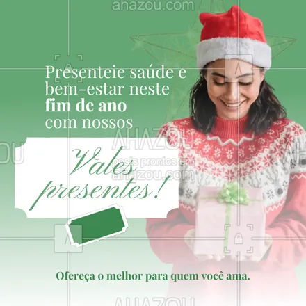 posts, legendas e frases de assuntos variados de Saúde e Bem-Estar para whatsapp, instagram e facebook: Cuide de quem você ama com nossos vales presentes para uma jornada de saúde e bem-estar nesse fim de ano. ✨🎁
#AhazouSaude #bemestar  #cuidese  #qualidadedevida  #saude #valepresente #fimdeano