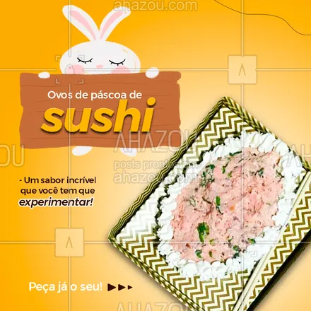 posts, legendas e frases de cozinha japonesa para whatsapp, instagram e facebook: Venha deixar sua páscoa mais gostosa com essa combinação. Preparamos ovos de sushi com muito recheio  para alegrar o seu dia.🤩 Entre em contato pelo📱(inserir número) e faça seu pedido agora. 
 #ahazoutaste #comidajaponesa  #japa  #japanesefood  #sushidelivery  #sushilovers  #sushitime #sushi #pascoa #ovosdepascoadesushi