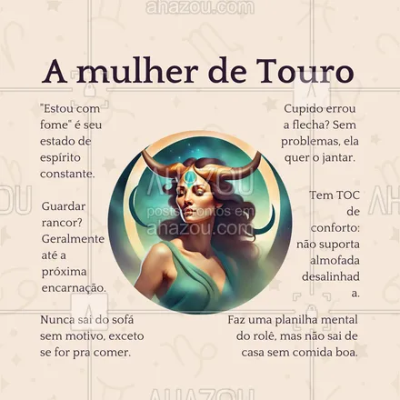 posts, legendas e frases de posts para todos para whatsapp, instagram e facebook: Sabe aquela amiga que nunca diz “não” para um convite com comida? É taurina! Conforto e boa companhia: esses são os prazeres da vida. 💖 #MulherDeTouro #ahazou #engraçado #signos #mulherdecadasigno #touro