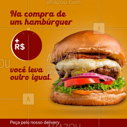 posts, legendas e frases de hamburguer para whatsapp, instagram e facebook: É isso mesmo que você leu! Para comemorar o dia do Hambúrguer, na compra de um burger + R$XX você leva outro IGUAL! Faça seu pedido pelo nosso delivery e levamos até você! 

#hambúrguer #promoção #DiaDoHambúrguer #ahazougastro #burger