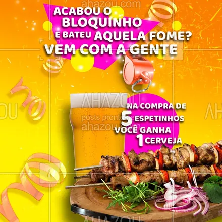 posts, legendas e frases de bares para whatsapp, instagram e facebook: Pra matar a fome da galera e ainda tomar uma gelada.?? #gastronomia #bar #ahazoutaste #espetinho #promocao #carnaval2020 #ganheumacerveja