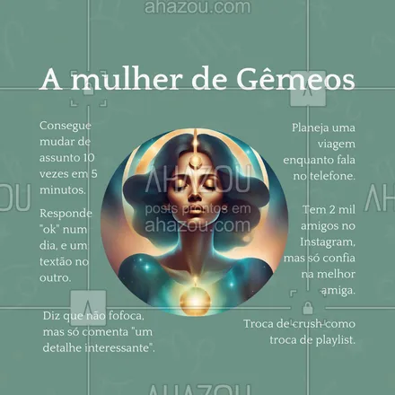 posts, legendas e frases de posts para todos para whatsapp, instagram e facebook: 💬 Se você quer papo, tem que acompanhar o ritmo de uma geminiana! Fala sobre tudo, com todos, e ainda deixa a conversa mais animada. 🎉 #MulherDeGêmeos #ahazou #engraçado #signos #mulherdecadasigno #gêmeos 