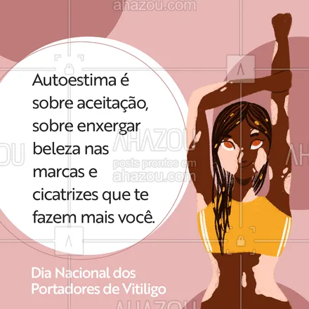 posts, legendas e frases de saúde mental para whatsapp, instagram e facebook: Aproveite esse dia para mudar sua visão e suas aitudes com relação à aparência das outras pessoas! Além de contribuir para a saúde mental de quem te cerca, você passa a enxergar a vida, os corpos, cores e formas de um jeito mais livre e sem pré-conceitos 😉 Entender verdadeiramente a beleza é um caminho sem volta! 🥰#AhazouSaude #saudemental #autoestima #vitiligo #dianacionaldosportadoresdevitiligo