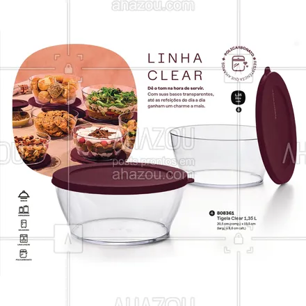 posts, legendas e frases de tupperware para whatsapp, instagram e facebook: Design funcional e atraente, os potes da linha CLEAR facilitam o seu dia a dia na cozinha, proporcionando praticidade e um toque de elegância.
#ahazourevenda #ahazoutupperware