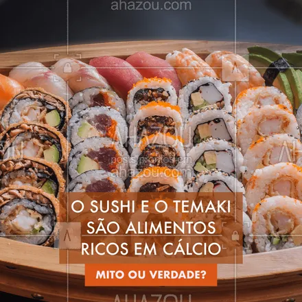 posts, legendas e frases de cozinha japonesa para whatsapp, instagram e facebook: Verdade! As algas que envolvem tanto o sushi quanto o temaki, são ricas em cálcio. Além disso, elas podem ser consideradas fontes de proteína e ferro. ? #sushi #sashimi #ahazoutaste #japa #comidajaponesa