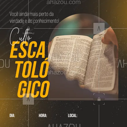 posts, legendas e frases de igrejas & espiritualidade cristã para whatsapp, instagram e facebook: O que irá acontecer, como será o fim dos tempos, o que nos espera depois da morte? Essas e outras perguntas estudaremos no nosso culto escatológico. Se quer ficar mais perto da verdade e dos conhecimentos divinos, você está convidado(a). #AhazouFé #culto #escatológico #fé #conhecimento #convite