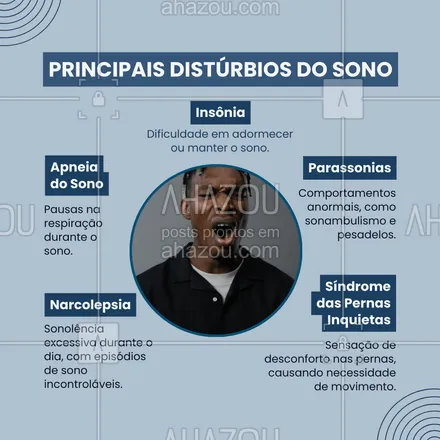 posts, legendas e frases de saúde mental para whatsapp, instagram e facebook: Você conhece os diferentes tipos de distúrbios do sono? Insônia, apneia do sono, narcolepsia, parassonias e síndrome das pernas inquietas são alguns dos principais desafios que afetam o descanso e a saúde mental. Cada um deles impacta diretamente a qualidade do sono e, consequentemente, nosso bem-estar físico e emocional. Se identificou algum sintoma? É importante estar atento e procurar orientação especializada para cuidar da sua saúde. 🌙💤 #SaúdeMental #DistúrbiosDoSono #QualidadeDeVida #AhazouSaude #viverbem #qualidadedevida 