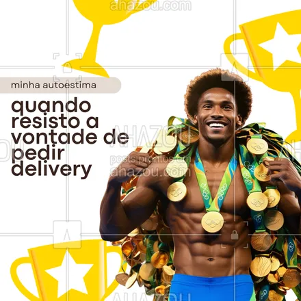 posts, legendas e frases de posts para todos para whatsapp, instagram e facebook: Resistir à vontade de pedir um delivery e preparar a própria refeição? Isso merece uma medalha de ouro e um recorde olímpico em autocontrole.😅 #ahazou #olimpíadas2024 #ouro #brasil #atletismo