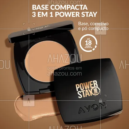 posts, legendas e frases de avon para whatsapp, instagram e facebook: Você quer um acabamento natural? Uma cobertura construível? Ou tem a pele mista, seca ou madura? Então sua base ideal é a Power Stay Compacta 3 em 1. Ela é prática, à prova d’água, dura até 18h e tem tons para todas as peles. Vem conhecer no meu site ou com sua Consultora Avon. #EssaÉminhaBaseAvon #ahazouavon #ahazourevenda