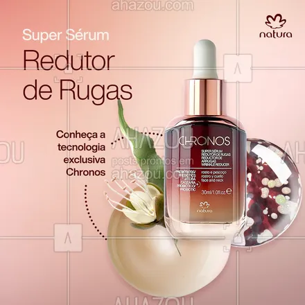 posts, legendas e frases de natura para whatsapp, instagram e facebook: O Super Sérum Redutor de Rugas é tecnologia, alta performance e cuidado para sua pele 💆🏽⁣
⁣
Você vive a sua melhor pele em qualquer tempo e #NaturaChronos te acompanha 😌⁣
Sinta toda a potência de um tratamento com tecnologia exclusiva Natura Chronos.⁣
⁣
Você já experimentou? 👀⁣
⁣
#DescriçãoDeImagem: o conteúdo em formato de carrossel possui 4 telas. Na primeira temos o texto: "Super Sérum Redutor de Rugas; Conheça a tecnologia exclusiva Chronos". Na segunda tela o produto reaparece e lê-se o seguinte: "Exclusiva tecnologia que fortalece a microbiota" e o selo Natureza + Ciência. Na terceira tela vê-se uma mulher negra de perfil sorrindo e na legenda: "100% das mulheres com redução de rugas em apenas 2 semanas; Sua pele com: Colágeno 69%; Elastina 75%; Ácido Hialurônico 54%". E na quarta e última tela três modelos estão juntas com olhares confiantes e o seguinte texto: "Experimente o Super Sérum Redutor de Rugas".⁣ #AhazouNatura #ahazourevenda