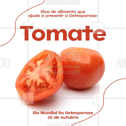 posts, legendas e frases de nutrição para whatsapp, instagram e facebook: O tomate é rico em minerais como magnésio, ferro, fósforo, manganês e potássio, que são participantes importantes na formação dos ossos. Além disso, o tomate cai bem em qualquer tipo de molho e salada, por isso é fácil de colocar na dieta. 🍅 #diamundialdaosteoporose #osteoporose #ossos #dicas #AhazouSaude #viverbem  #alimentacaosaudavel  #nutricao  #bemestar  #saude 