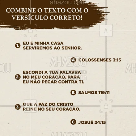 posts, legendas e frases de igrejas & espiritualidade cristã para whatsapp, instagram e facebook: Quiz Bíblico ?⁣⁣⁣
⁣⁣⁣
Quem não gostaria de conhecer todas as Passagens bíblicas?
Com esse jogo você vai exercitar sua mente guardando esse conhecimento tão importante que é ter a Bíblia "fresca na memória", vamos ao desafio? ?⁣⁣⁣ Combine o texto com o versículo correto. ?⁣⁣⁣
Compartilhe com a gente sua resposta nos comentários. ?⁣⁣⁣
⁣⁣⁣
Dica: não use a internet, apenas sua memória. ??⁣⁣⁣ #Jesus #quiz #Bíbilia #enquete #AhazouFé #AhazouFé 