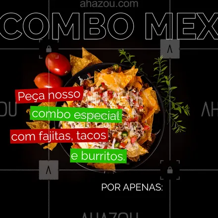 posts, legendas e frases de cozinha mexicana para whatsapp, instagram e facebook: Escolha os seus molhos favoritos para acompanhar este delicioso combo e faça seu pedido.
Serve até (inserir quantidade de pessoas).
Sabor e qualidade que te aproximam da cultura mexicana.
Peça já!
#ahazoutaste #combo #promocao #comidamexicana  #texmex  #fajitas #tacos #burritos