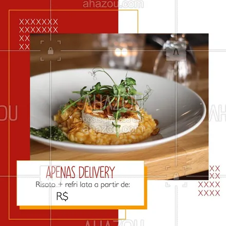 posts, legendas e frases de cozinha italiana para whatsapp, instagram e facebook: Devido a quarentena, estamos atendendo apenas via delivery, porém, não deixe de aproveitar nossa promoção de risoto + refri latal a partir de R$XX. Entre em contato pelo whatsapp xxxxx-xxxx e consulte os sabores disponíveis. #ahazoutaste#delivery #covid19 #coronavirus #cozinhaitaliana #risoto #culinariaitaliana