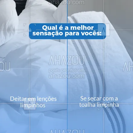 posts, legendas e frases de lavanderia para whatsapp, instagram e facebook: A gente ama as sensações que as peças limpas nos proporcionam né? Me conta qual é a sua favorita nos comentários 😍 #AhazouServiços #lavagem #lavanderia #roupalimpa #enquetes #sensação #lenções #toalhas