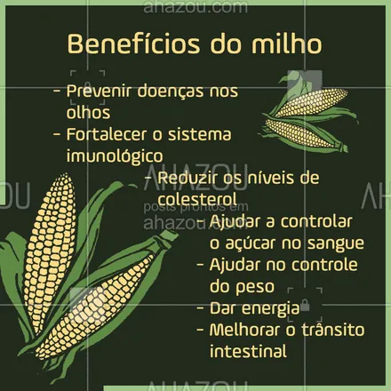 posts, legendas e frases de nutrição para whatsapp, instagram e facebook: Você sabia que o milho possui todos esses benefícios para a nossa saúde, e boa forma? #milho #beneficios #ahazou #saude #bemestar 