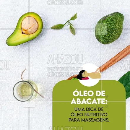 posts, legendas e frases de massoterapia para whatsapp, instagram e facebook: O óleo de abacate pode ser utilizado em massagens por ser altamente hidratante e rico em diversos nutrientes, o que é extremamente benéfico para a pele. Então, fica a dica de um óleo que, além de hidratar, vai nutrir a pele do corpo durante a massagem. 

#massoterapia #massagem #massoterapeuta #AhazouSaude #óleoparamassagem #óleosessenciais #dicas #saúde #bemestar