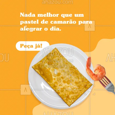 posts, legendas e frases de pastelaria  para whatsapp, instagram e facebook: Nosso pastel de camarão, com certeza, melhorará o seu dia, peça já! 😋🦐 #ahazoutaste #amopastel #pastel #pastelaria #pastelrecheado #delivery #pasteldecamarão