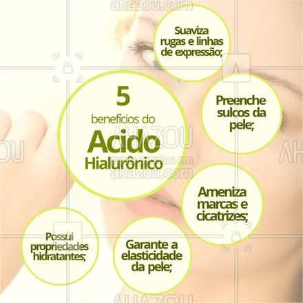 posts, legendas e frases de estética facial para whatsapp, instagram e facebook: Já conhecia os benefícios do ácido hialurônico? Dá uma olhada nessa lista! #esteticafacial #ahazou #acidohialuronico