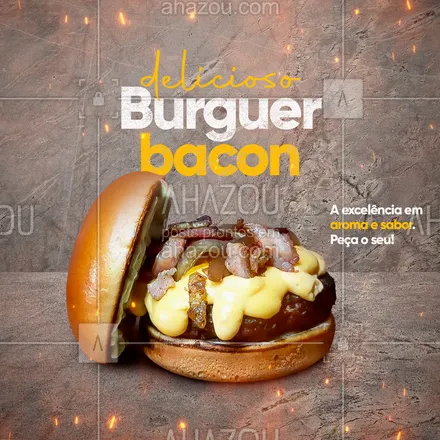 posts, legendas e frases de hamburguer para whatsapp, instagram e facebook: Aroma marcante, sabor irresistível... Estas são duas das muitas características do delicioso burguer bacon. Vai resistir? Não né! Faça já seu pedido! ?? #ahazoutaste #hamburgueriaartesanal #hamburgueria #burgerlovers #burger #bacon 