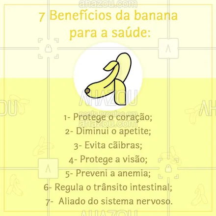 posts, legendas e frases de nutrição para whatsapp, instagram e facebook:  Além de ser um ótimo lanche, a banana possuí um monte de benefícios para a sua saúde, não deixe de inclui-la nas suas refeições ? #ahazou #nutrição #dicas #saúde #banana #vidasaudável