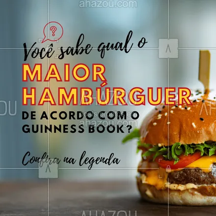 posts, legendas e frases de hamburguer para whatsapp, instagram e facebook:  De acordo com o Guinness Book, o maior hambúrguer foi criado em 9 de julho de 2017, na cidade de Pilsting, Alemanha. O lanche com três enormes discos de carne, tomates, alfaces, pepinos, cebolas, molho de hambúrguer e um pão pesava 1.164,2 kg. #OMG #ahazoutaste  #burger #hamburgueria