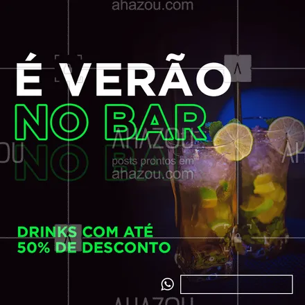 posts, legendas e frases de bares para whatsapp, instagram e facebook: Chegou o verão no bar pra você se refrescar!
Aproveite nossos drinks com até 50% de desconto. ?

#drinks #ahazou #bares #vemprobar