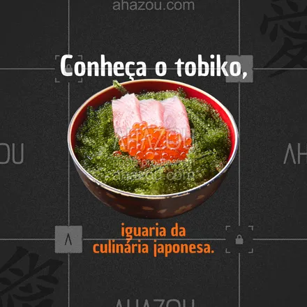 posts, legendas e frases de cozinha japonesa para whatsapp, instagram e facebook: Quando preparado como sashimi, o tobiko (ovas de peixe-voador) pode ser servido sobre peixes e arroz, ou apresentado em abacates cortados no meio ou em fatias, podendo também ser usado como complemento para makimonos (rolos de sushi), no recheio ou na cobertura. No entanto, ele raramente é servido puro. 🍱 #ahazoutaste #curiosidades #culinariajaponesa #tobiko #ingredientes #comidajaponesa  #japanesefood 
