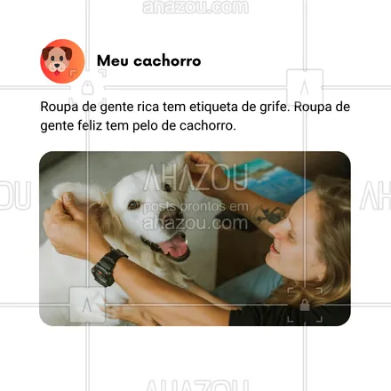 posts, legendas e frases de dog walker & petsitter, veterinário, petshop, assuntos variados de Pets para whatsapp, instagram e facebook: Roupa de gente rica tem etiqueta de grife. Roupa de gente feliz tem pelo de cachorro. 🐶✨ A verdadeira riqueza é aquela que se espalha por nossa vida e pelas nossas roupas, brindada com amor e pelos de nossos fiéis amigos. Quem precisa de etiquetas quando se tem a felicidade garantida pelos nossos peludos?

#AhazouPet #RiquezaReal #AmorDeCachorro #FelicidadeComPets #CachorroFeliz #PeloDeCachorro