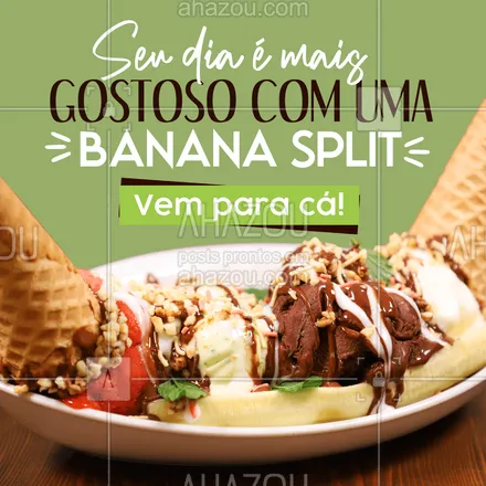 posts, legendas e frases de gelados & açaiteria para whatsapp, instagram e facebook: A banana split perfeita para você está aqui, vem pra cá! 🍨🍌
#bananasplit #ahazoutaste #gelados  #icecream  #sorvete  #sorveteria 