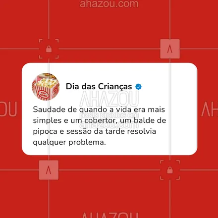 posts, legendas e frases de posts para todos para whatsapp, instagram e facebook: Saudade de quando um cobertor, um balde de pipoca e sessão da tarde resolviam qualquer problema. Hoje nem terapia com pipoca extra ajuda! 🍿🛋️
#ahazou #diadascrianças #nostalgia #saudadedainfância 