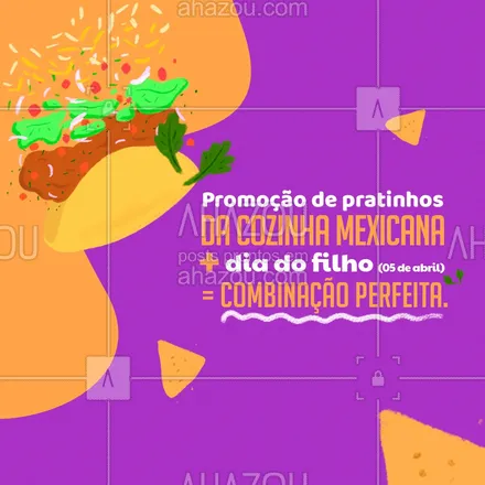 posts, legendas e frases de cozinha mexicana para whatsapp, instagram e facebook: Não há combinação melhor do que celebrar o dia dos filhos, 05 de abril, com uma promoção imperdível de burritos, nachos, guacamole e muitas outras delícias da cozinha mexicana. Essa é a combinação perfeita.

#comidamexicana  #cozinhamexicana #mexico  #ahazoutaste  #tacos #guacamole #burritos  #promocional #promoção #diadofilho #05deabril #celebração