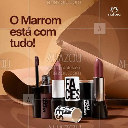 posts, legendas e frases de natura para whatsapp, instagram e facebook: Amando essa tendência dos marrons? Vem conhecer os batons favoritos para você criar looks maravilhosos!⁣
#MeuLookMarrom 🤎 ⁣
⁣
⁣
#DescriçãoDeImagem A postagem é um carrossel. A primeira imagem apresenta um conjunto de batons marrons. No topo, está escrito: "O marrom está com tudo". Abaixo, aparece escrito: "Conheça os produtos #MeuLookMarrom".⁣
⁣
A segunda imagem mostra o Batom Color Hidra com uma breve descrição: "Cor intensa, lábios super hidratados e macios até 24 horas".⁣
⁣
A terceira imagem exibe o Batom Multimix Cremoso com a descrição: "Multifuncional, pode ser usado como blush".⁣
⁣
Já a última imagem, mostra o Batom Matte Longa Duração, acompanhado da descrição: "Conta com cobertura cover-up e fácil aplicação". #AhazouNatura #ahazourevenda