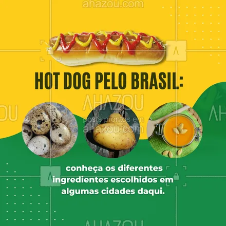 posts, legendas e frases de hot dog  para whatsapp, instagram e facebook: Em São Paulo, não é nem um pouco estranho o prato utilizar purê de batata, né? Já no Rio de Janeiro, ovos de codorna são bem comuns. Na Bahia, um azeite de dendê e até um pouco de abóbora combina bastante com o lanche. Você sabia que existiam tantas formas de saborear um hot dog? #ahazoutaste #cachorroquente  #food  #hotdog  #curiosidade #ingredientes #hotdoggourmet  #hotdoglovers 