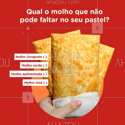 posts, legendas e frases de pastelaria  para whatsapp, instagram e facebook: Dos molhos que temos aqui, qual deles é o seu favorito?  #molhodepastel #ahazoutaste #enquete #pastel #pastelaria