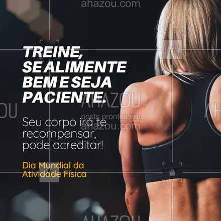 posts, legendas e frases de personal trainer para whatsapp, instagram e facebook: ✨ A motivação faz você começar. Tornar a atividade física um hábito, faz com que você continue. Lembre-se: o projeto verão é conquistado nas outras estações. 😉 Bora treinar, galera! 💪 #AhazouSaude #boratreinar #nopainnogain #personal #personaltrainer #motivacional #frases #diamundialdaatividadefísica #treino #frasemotivacional