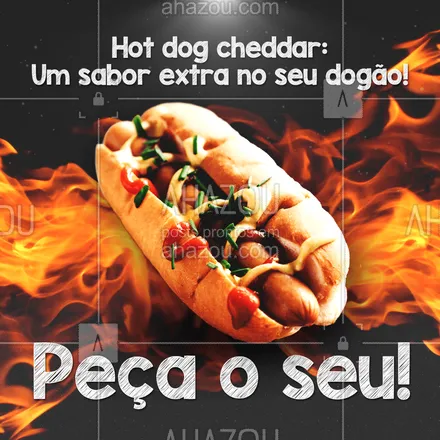 posts, legendas e frases de hot dog  para whatsapp, instagram e facebook: Se hot dog é bom imagina com cheddar! Venha agrantir seu dogão de cheddar! 🌭
#ahazoutaste #hotdog  #hotdoglovers  #hotdoggourmet  #cachorroquente  #food 