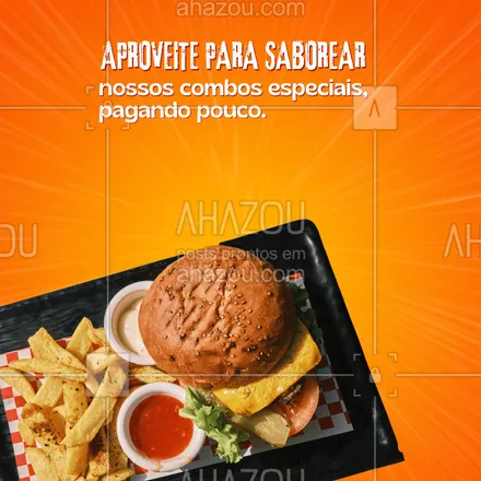 posts, legendas e frases de hamburguer para whatsapp, instagram e facebook: Hoje é dia de pedir um combo bem saboroso para alegrar e saciar a sua fome. 🍔 #ahazoutaste #artesanal #burger #burgerlovers #hamburgueria #hamburgueriaartesanal 
