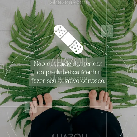 posts, legendas e frases de podologia para whatsapp, instagram e facebook: Feridas em pés diabéticos são sempre preocupantes e precisam de cuidados especiais. E aqui nós fazemos curativos adequados para que seu tratamento seja ainda mais eficiente. Aproveite, entre em contato e agende o seu horário. #podologa #podologia #podologo #AhazouSaude #podologiacomamor #saude #bemestar #qualidadedevida #tratamento #curativo #limpeza #feridas #pédiabético