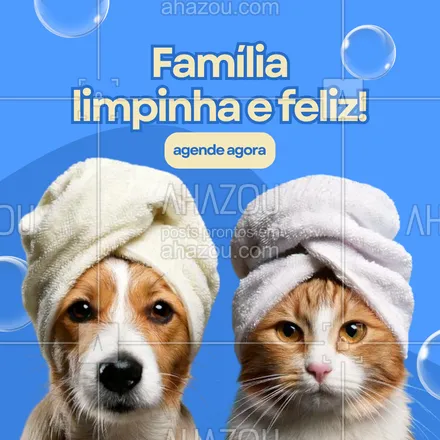 posts, legendas e frases de petshop para whatsapp, instagram e facebook: Que tal trazer todos os seus peludos para um dia de banho e tosa? Aqui, cuidamos de cada pet com muito carinho, para que eles voltem pra casa renovados e felizes! 🛁 Agende o seu horário e traga a família toda! 🐾 #CuidadoComAmor #BanhoETosa #PetLimpinho #AhazouPet #petshop #serviçosdepetshop #banho #tosa