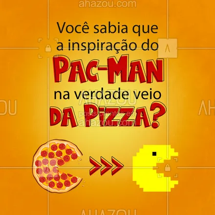 posts, legendas e frases de pizzaria para whatsapp, instagram e facebook: Uma pizza com um pedaço a menos foi a inspiração de Tohru Iwatamim designer de jogos da Namco no Japão, para criar o clássico personagem dos games, Pac-Man, em 1980! ?
 #CuriosidadesPizza #PacMan #ahazoutaste  #pizzaria #pizzalife #pizzalovers