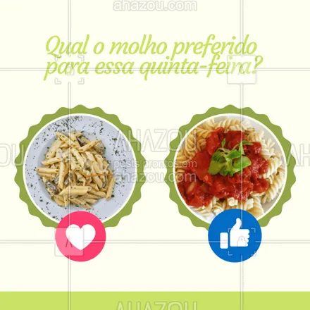 posts, legendas e frases de cozinha italiana para whatsapp, instagram e facebook: Qual vocês preferem? Conta pra gente!?
Ah, aqui nós servimos os dois molhos e com aquele tempero especial.
#massas #molhovermelho #ahazou #molhobranco #quintafeira