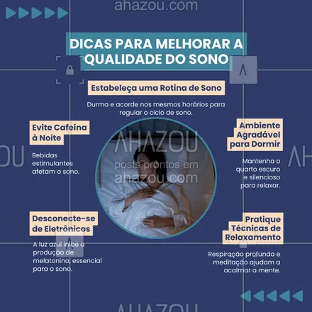 posts, legendas e frases de saúde mental para whatsapp, instagram e facebook: Quer melhorar a qualidade do seu sono e garantir noites mais tranquilas? Investir em uma rotina de sono regular, evitar cafeína à noite, desconectar-se dos eletrônicos e praticar técnicas de relaxamento são hábitos que podem transformar a sua noite de descanso. Um ambiente propício para dormir faz toda a diferença na recuperação física e mental. Siga essas dicas e experimente o poder restaurador de um sono de qualidade! 🌙✨ #DicasDeSono #BemEstar #DistúrbiosDoSono #SaúdeMental #AhazouSaude #viverbem #qualidadedevida 