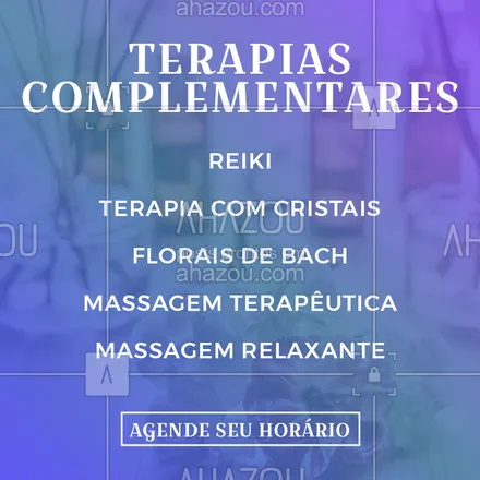 posts, legendas e frases de terapias complementares para whatsapp, instagram e facebook: Temos diversas opções de terapias complementares, te ajudamos a escolher a ideal para você. Agende já o seu horário! ?✨ #massoterapia #ahazou #terapiascomplementares #saude #bemestar