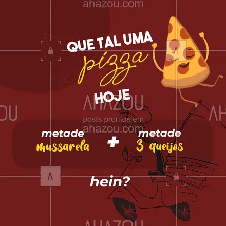 posts, legendas e frases de pizzaria para whatsapp, instagram e facebook: Para os amantes de queijo hoje a gente te indica uma deliciosa pizza de metade mussarela + metade 3 queijos! Ficou com vontade? Então já faz o seu pedido pelo telefone: (________________________) #Pizza #Mussarela #ahazoutaste #TrêsQueijos #Pizzaria #Quejo 