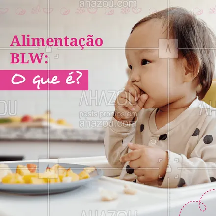 posts, legendas e frases de nutrição para whatsapp, instagram e facebook: O método BLW é um tipo de introdução alimentar onde o bebê pega com as mãos os alimentos cortados e come sozinho. Isso ajuda a melhorar a sua coordenação motora, a sua conexão com a comida e a interação com a família. 👶🥗 #BLW #bebê #alimentação #AhazouSaude #saude  #alimentacaosaudavel  #nutricao  #bemestar  #viverbem 