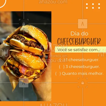 posts, legendas e frases de hamburguer para whatsapp, instagram e facebook: Você é do time 1 cheeseburguer está bom ou come quantos aguentar? 🍔😂 #ahazoutaste #artesanal  #burger  #burgerlovers  #hamburgueria #diadocheeseburguer