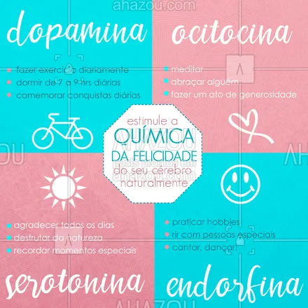 posts, legendas e frases de assuntos variados de Saúde e Bem-Estar para whatsapp, instagram e facebook: Fica de olho nos 4 Neurotransmissores da felicidade: dopamina, serotonina, endorfinas e ocitocina.
#endorfina #serotonina #dopamina #ocitocina #neurotransmissores #saúde #bemestar #ahazousaúde