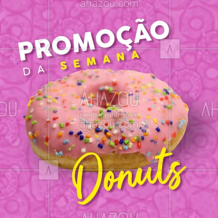 posts, legendas e frases de confeitaria para whatsapp, instagram e facebook: Nossos deliciosos Donuts, coloridos e recheados estão em promoção esta semana! Peça já o seu.
#ahazoutaste #donuts #promocao #doces  #confeitariaartesanal  #confeitaria 