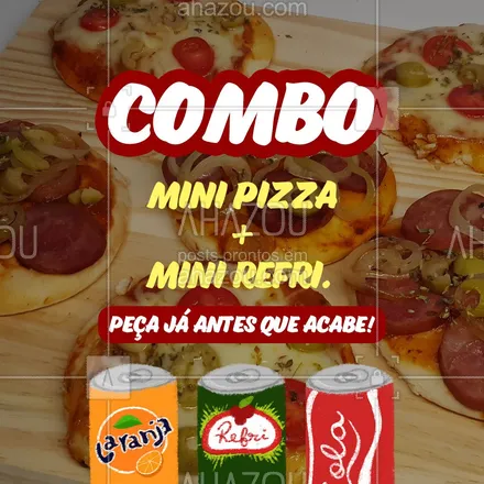 posts, legendas e frases de pizzaria para whatsapp, instagram e facebook: Peça já antes que acabe! Mini pizza + mini refri, acabe com a sua fome da melhor maneira.🍕 #ahazoutaste #pizza  #pizzalife  #pizzalovers  #pizzaria 
